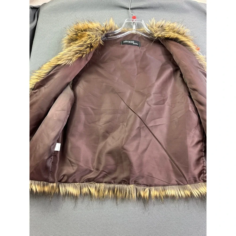 Aeromiss Brown Faux Fur Vest Open Front Sleeveless Jacket Women's Large L